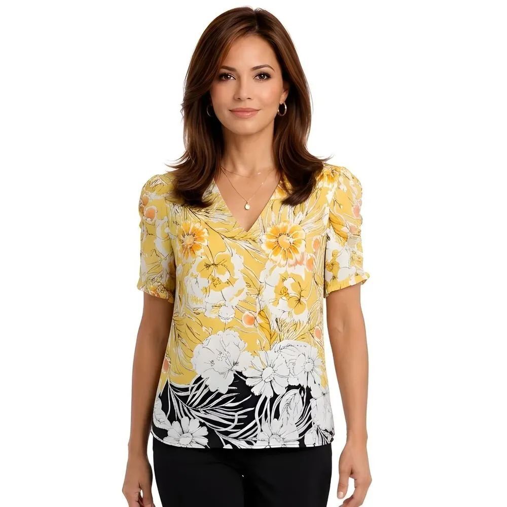 Daniel Rainn Yellow Floral V-neck Ruffle Sleeve Detail Chiffon Blouse Size M